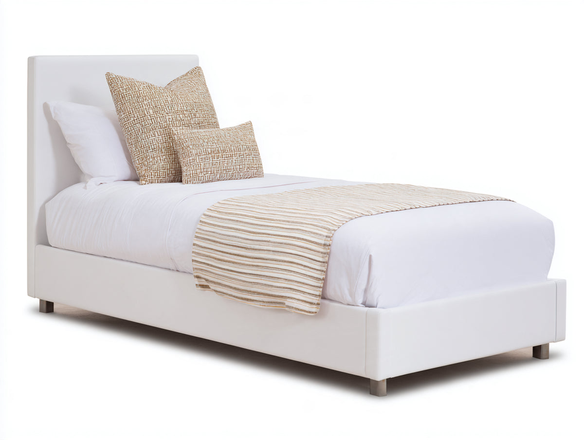Cama individual 200x100x115 cm - blanco - estructura tapizada con cabecero alto y patas efecto madera