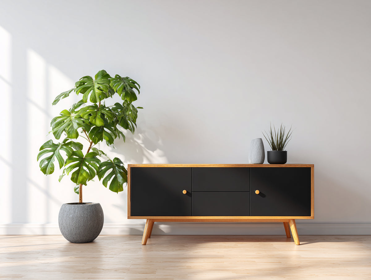Mueble recibidor de madera 160x40x75 cm - negro y madera natural - 2 puertas y 2 cajones