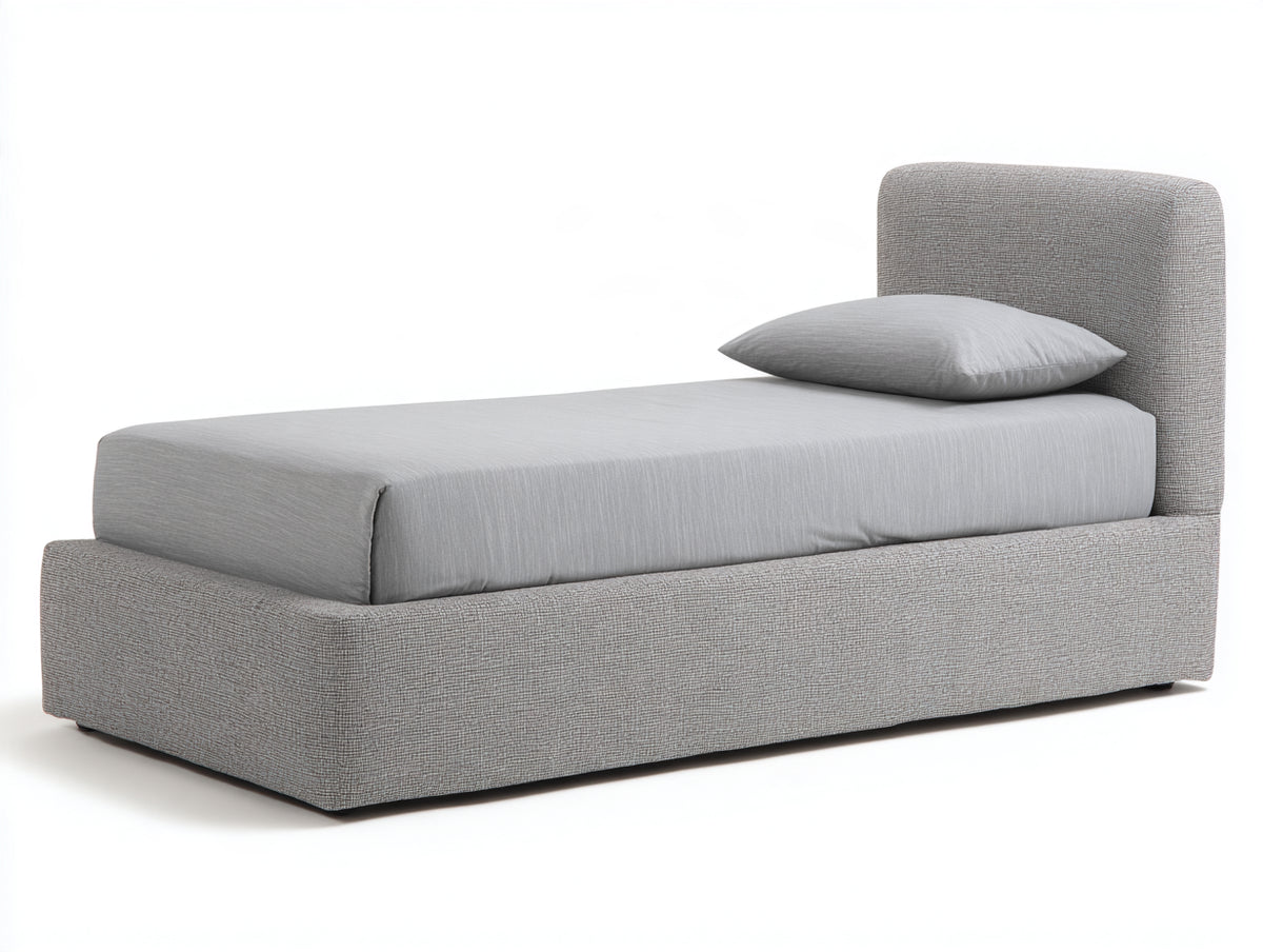 Cama individual tapizada en tela 205x105x95 cm - gris claro - cabecero acolchado y diseño compacto