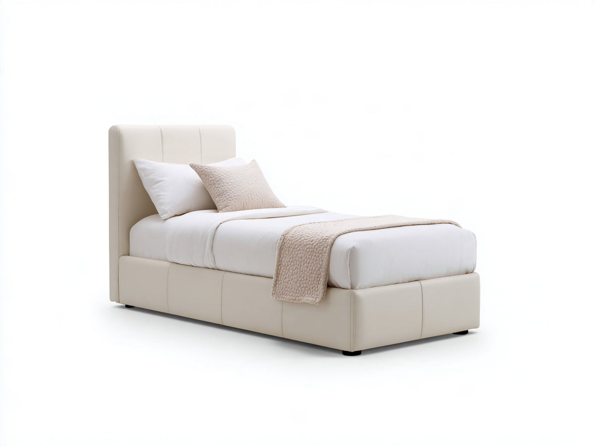 Cama individual tapizada 205 x 100 x 115 cm - beige y negro - diseño moderno con cabecero acolchado
