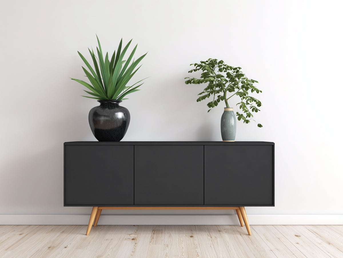 Mueble recibidor de 3 puertas 160 x 42 x 78 cm - negro y marrón claro - diseño moderno con almacenamiento cerrado
