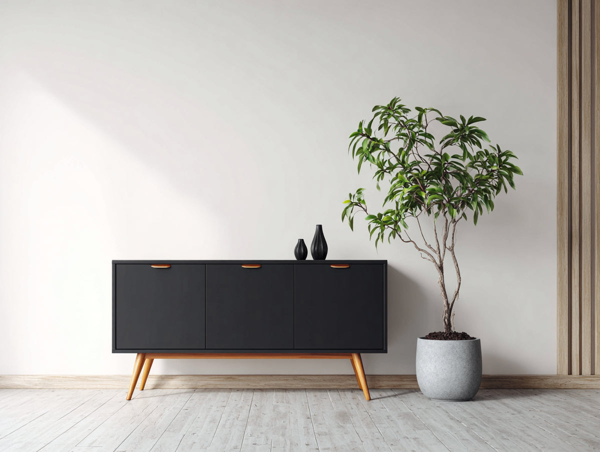 Mueble recibidor 160x40x75 cm - negro y madera - diseño moderno con 3 puertas y patas elevadas