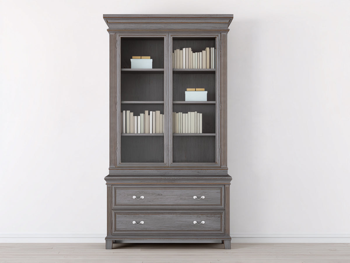 Estantería de madera de ingeniería 100x45x190 cm - Gris envejecido y plateado - 2 puertas 4 niveles y 2 cajones