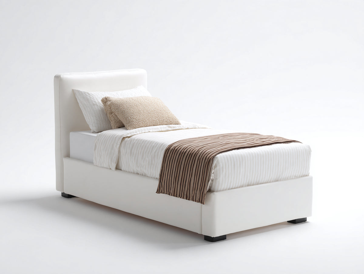 Cama individual 200x100x115 cm - blanco - estructura tapizada con cabecero alto y diseño moderno