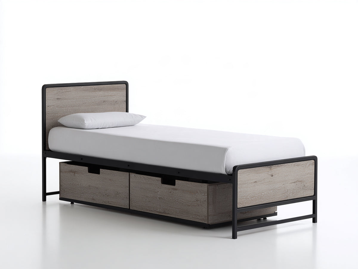 Cama individual con 2 cajones 205 x 100 x 105 cm - marrón claro y negro - diseño industrial con almacenamiento inferior