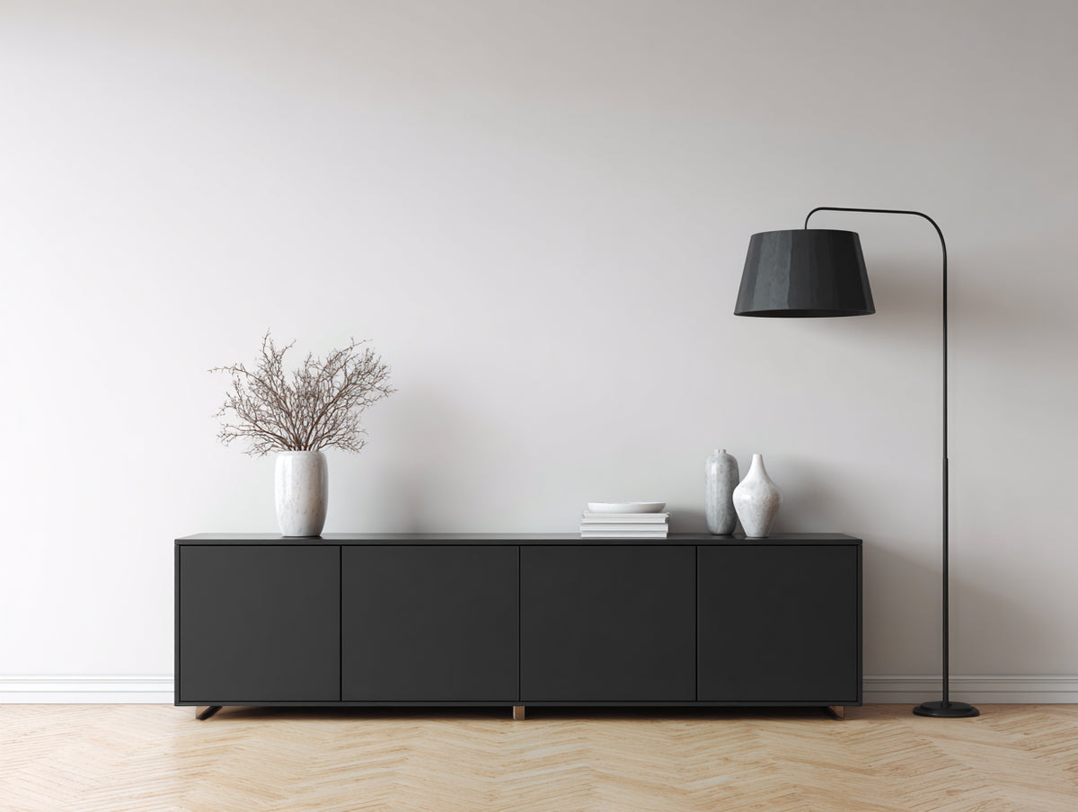 Mueble recibidor de madera 180 x 42 x 72 cm - Negro - Diseño minimalista con 4 puertas