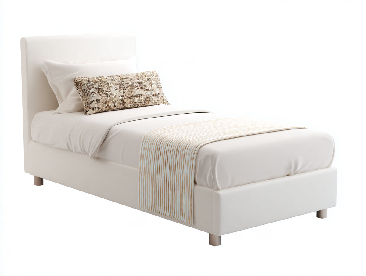 Cama individual tapizada 205 x 108 x 105 cm - Blanco - Cabecero acolchado y patas elevadas