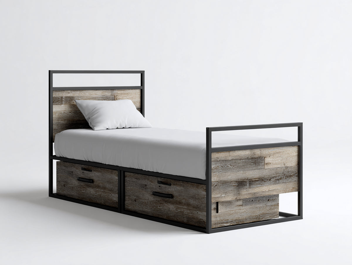 Cama individual 200x100x120 cm - madera envejecida y negro - estructura con 2 cajones y diseño industrial