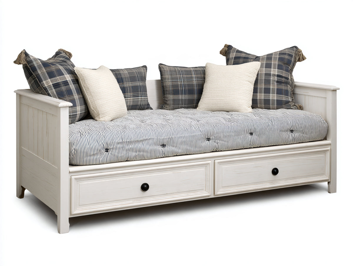 Sofá cama de madera 210x102x90 cm - blanco envejecido - diseño tipo diván con 2 cajones de almacenamiento