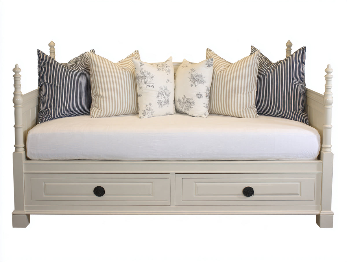 Sofá cama de madera 210x100x95 cm - blanco marfil - diseño tipo diván con 2 cajones de almacenamiento