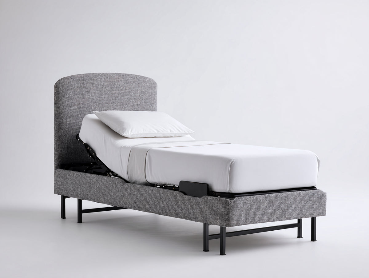 Cama individual tapizada 205 x 100 x 115 cm - gris y negro - diseño moderno con base elevable y cabecero redondeado