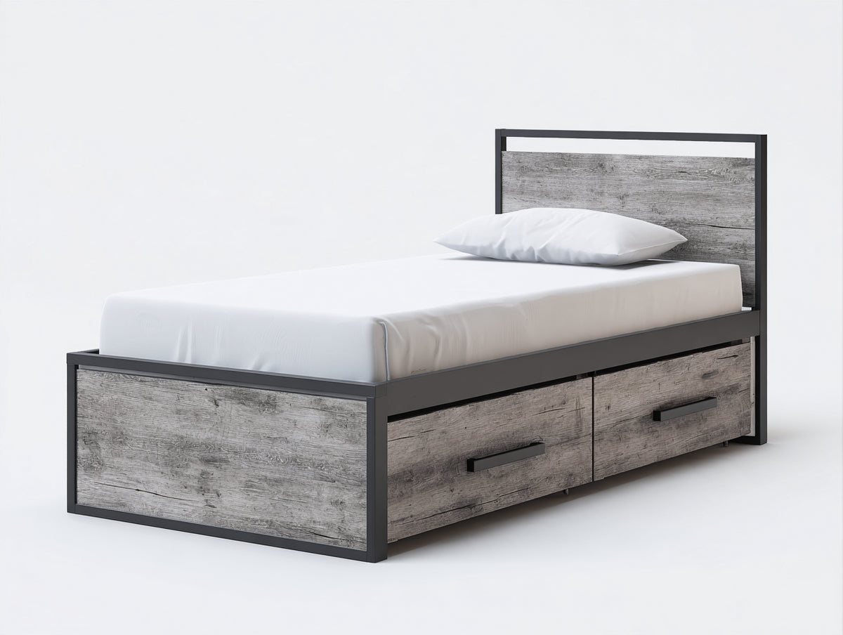 Cama individual con 2 cajones madera de ingeniería y metal 200x100x110 cm - Gris envejecido y negro - Diseño industrial con almacenaje