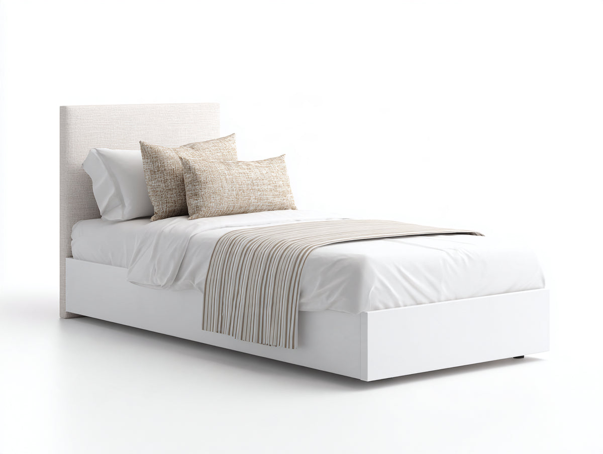 Cama individual tapizada en tejido 200x100x105 cm - Blanco y beige - Cabecero alto y diseño moderno